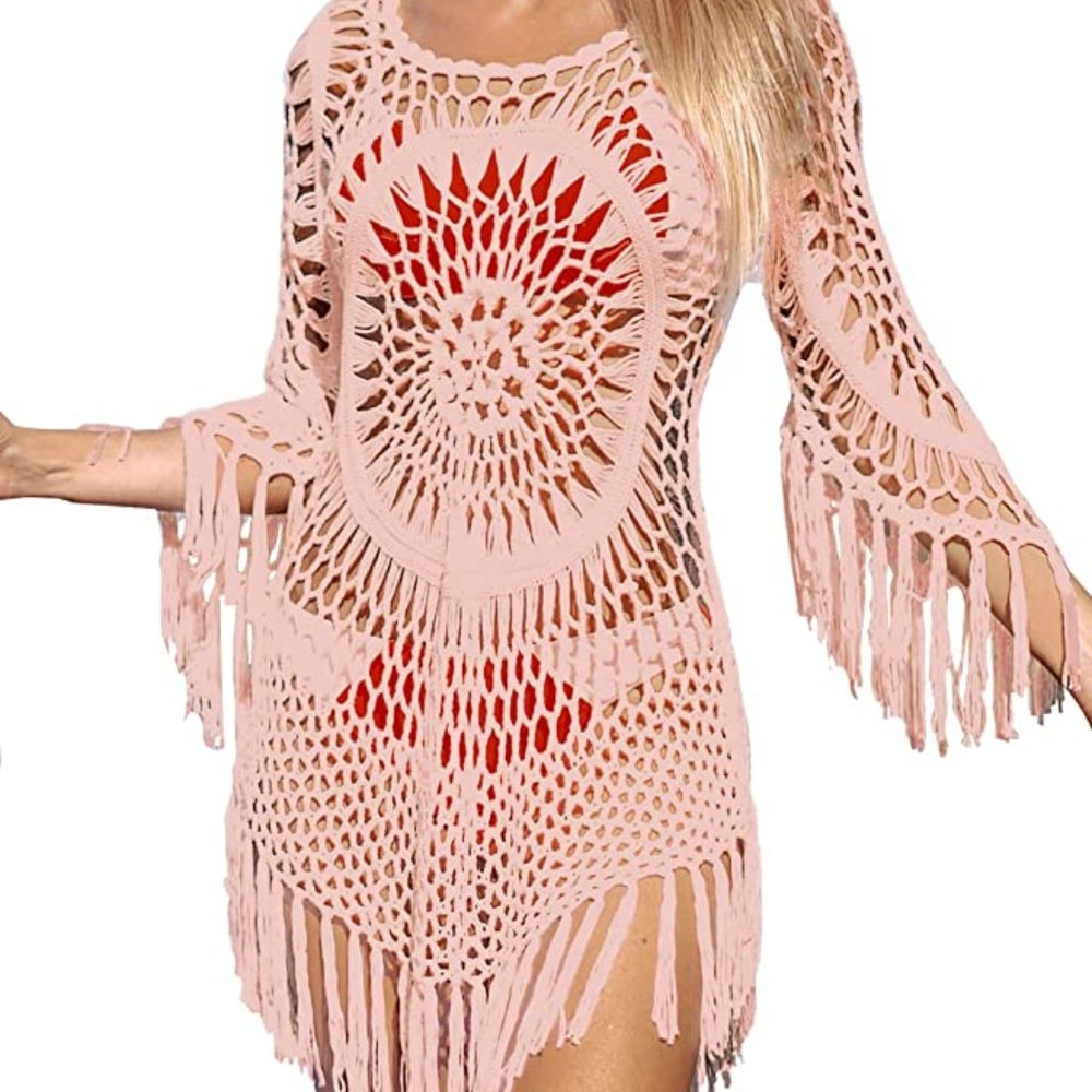 Women's Cover Up White Crochet Hollow Out Tassel Swimsuit Three Quarter Sleeve